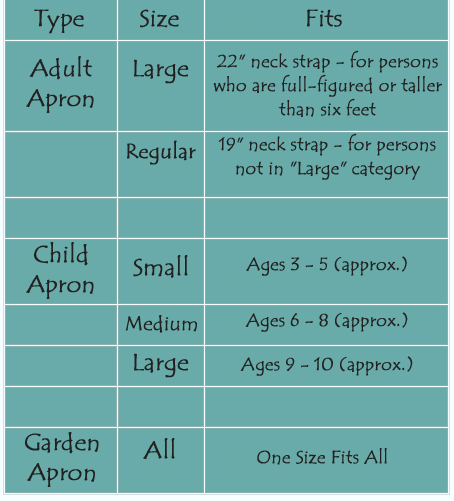 Custom apron size chart